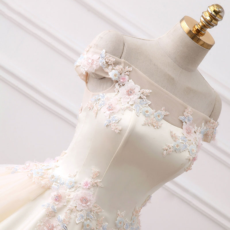 Elegant Boat Neck A-Line Wedding Dress Off Shoulder sleeves Beaded colorful 3D-flowers lace Bridal Gowns can customize