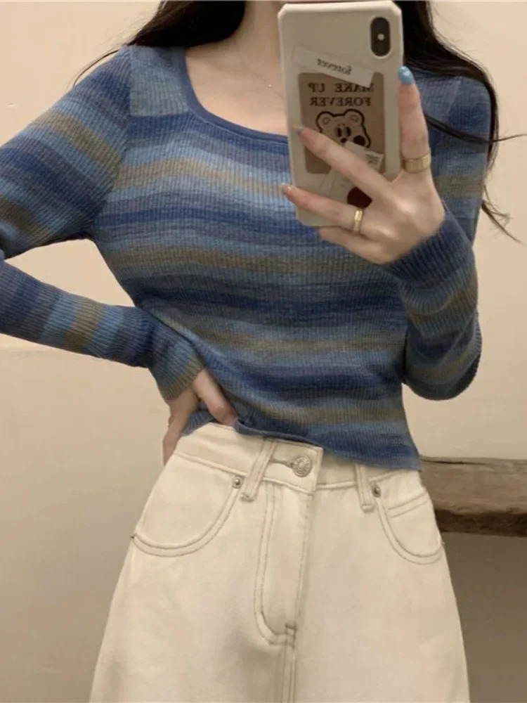 Deeptown Vintage Striped Knitted Tops Women Slim Fit Square Collar Bottoming Shirts Harajuku Contrast Long Sleeve Tshirts Female 240228