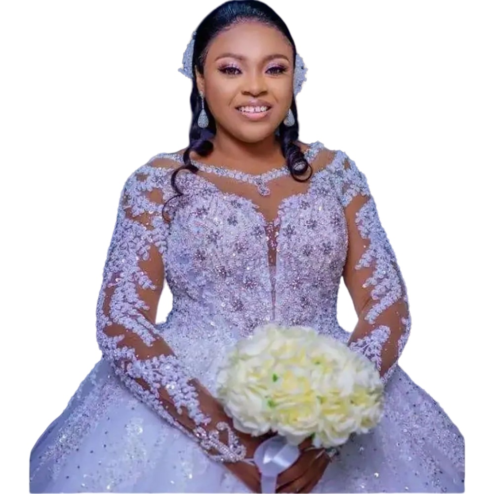 2024 Sexy A Line Wedding Dresses Jewel Neck Illusion Lace Appliques Crystal Beads Long Sleeves Bridal Gowns wedding dress Cathedral Train 0513