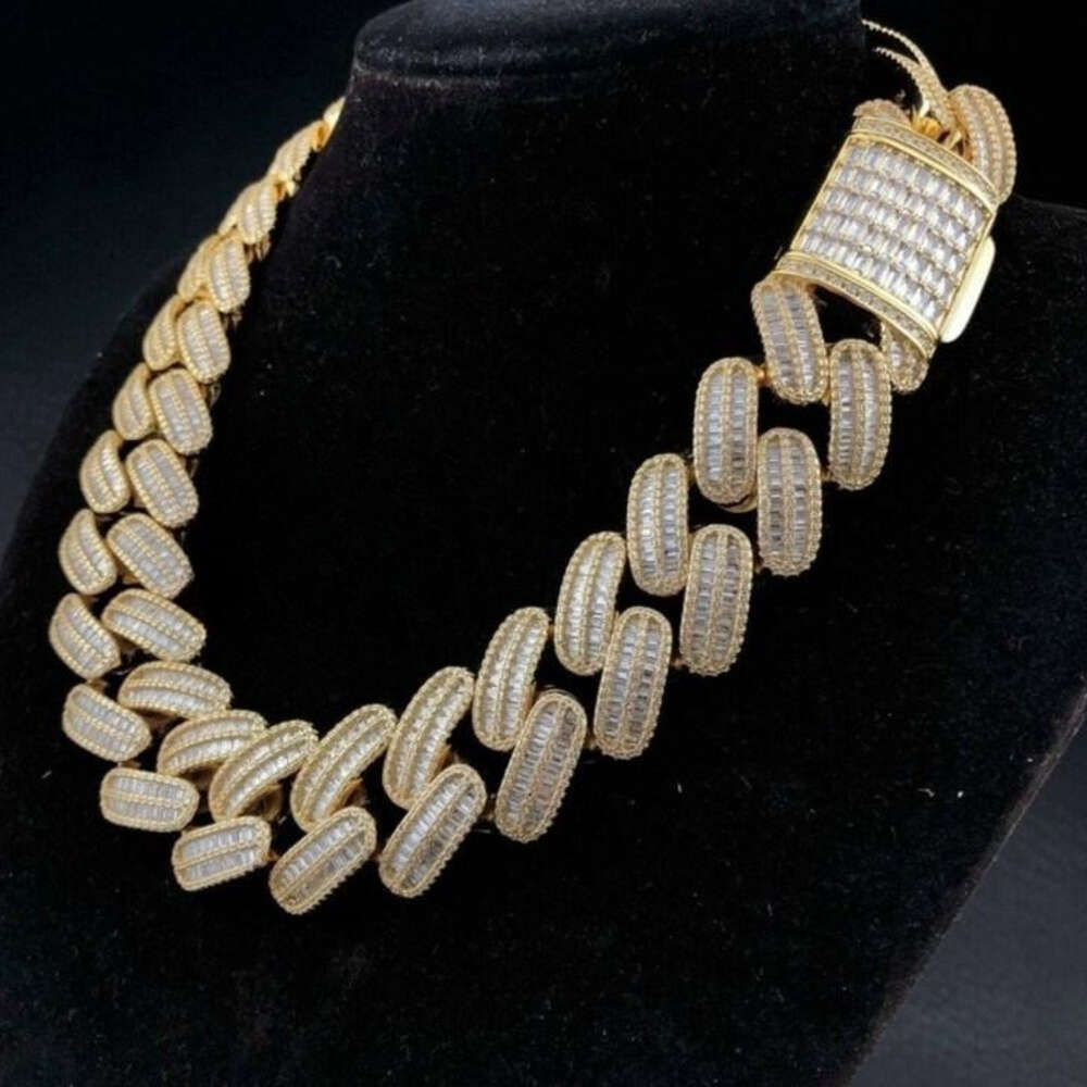 moissanite chain cuban k chainHiphop Necklace Sterg Sier Iced Out 26mm 2 Rows Baguette Cut Moissanite