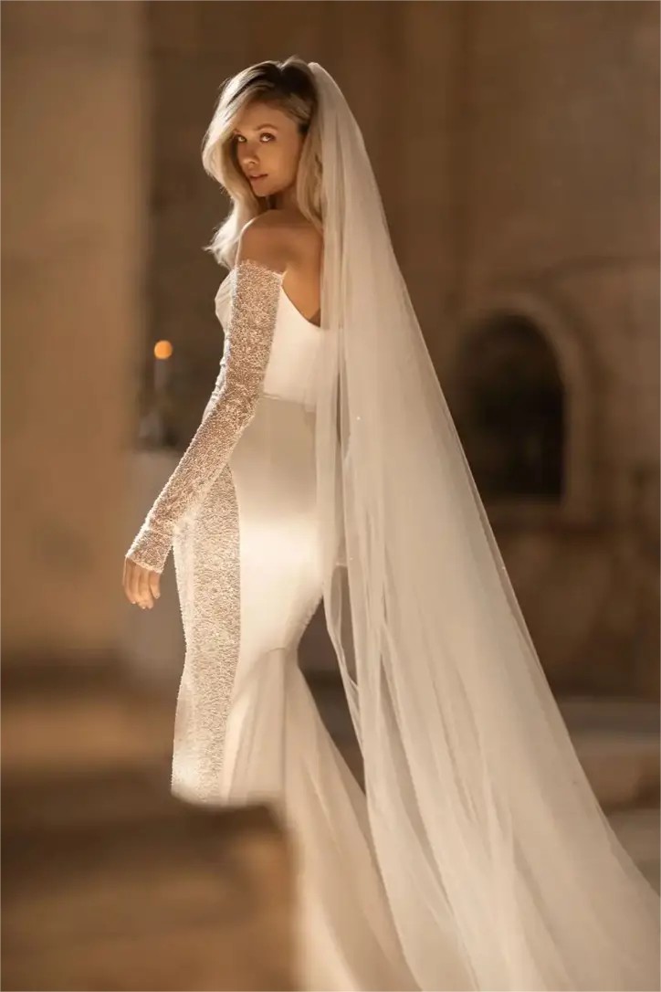 Newest Sequin and Satin Splice Mermaid Wedding Dresses Off the Shoulder Long Sleeve Draped Bridal Gowns Sweep Train Robe De Mariee