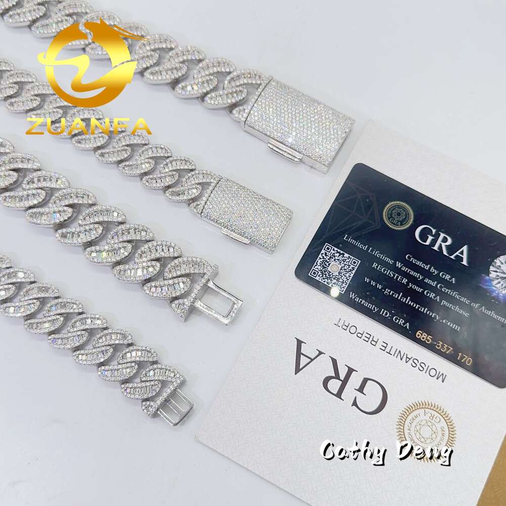 Necklace moissanite chain cuban link chain 22mm Moon Shape Baguette Ice Out Sterling Silver Miami Chain Necklace
