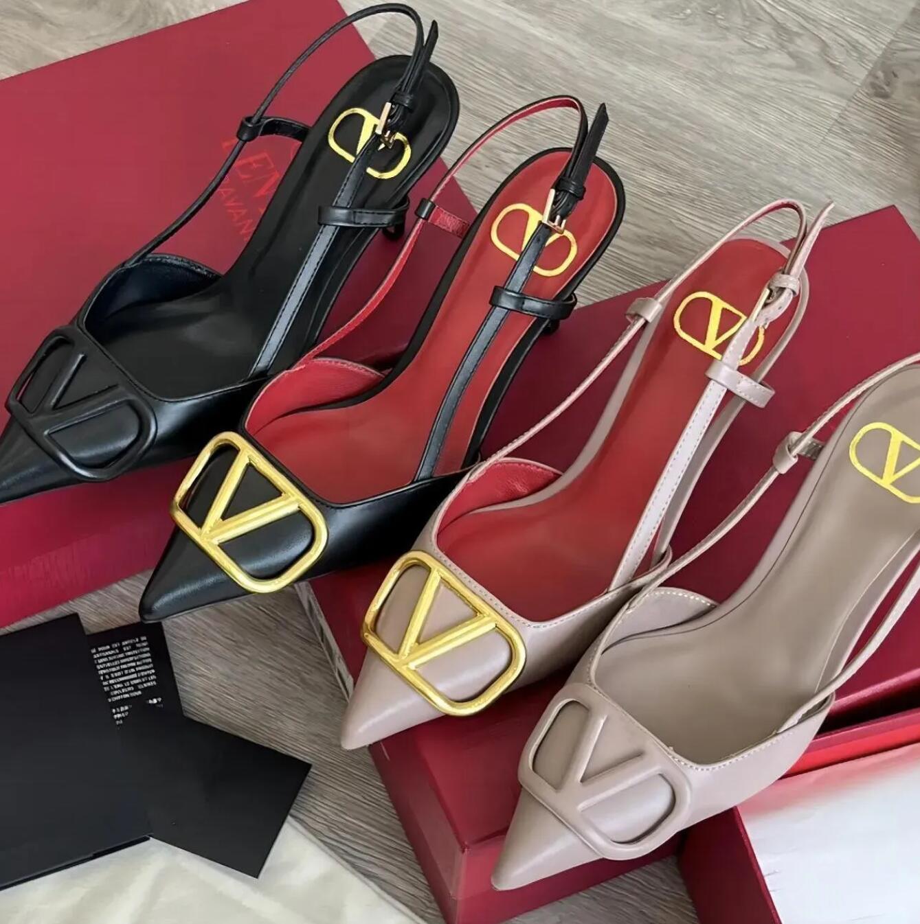 High Heels Designer Sandals Classics Metal Buckle Pointed Toe Thin Heel 4cm 6cm 8cm 10cm Summer Genuine Leather Woman Wedding Shoes with Dust Bag 35-44