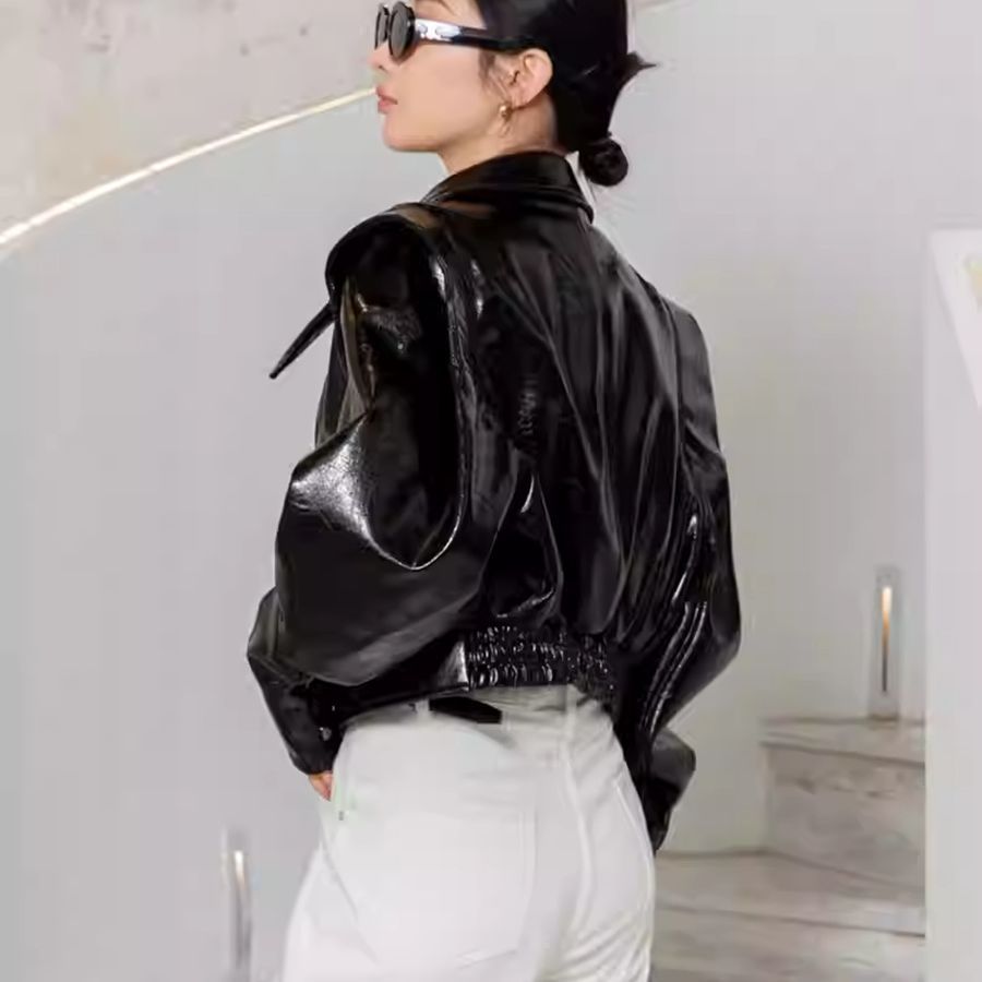 0C 503M79 Light Luxury Coat Women's Jacket Vernis Leather American Retro Style High Quality Sheepskin Fashionable