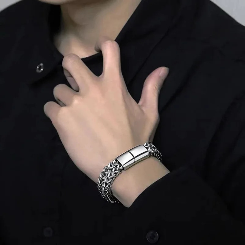 Mens Fashion Hiphop Doublelayer Braided Keel Stainless Steel Bracelet Men Personalized Party Chain Metal Jewelry Gift 240227