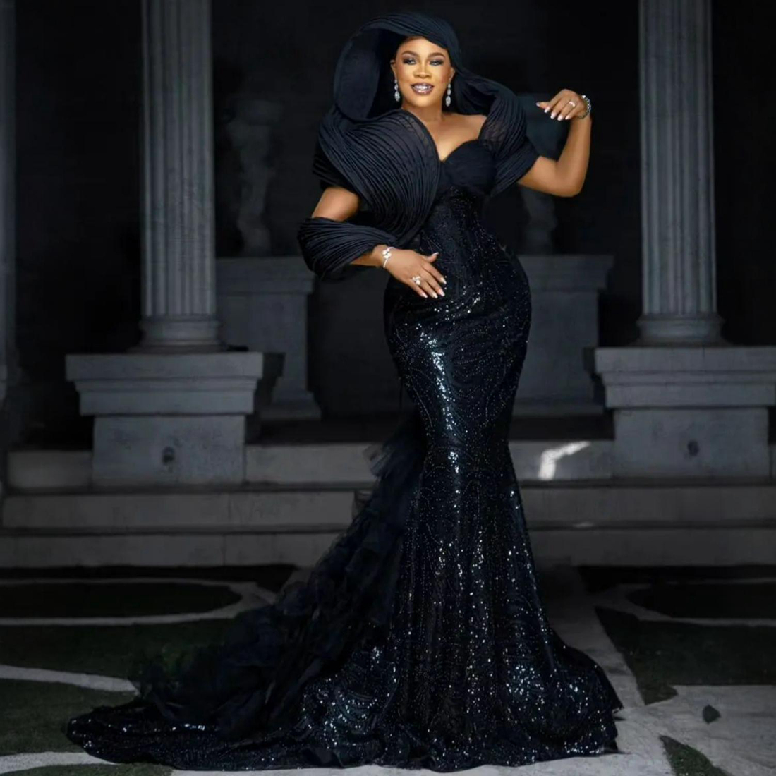 Nigeria Aso Ebi Plus Size Prom Dresses Long with Detachable Tulle Train for Special Occasions Mermaid Beaded Lace Formal Dresses Evening Gown for Blac