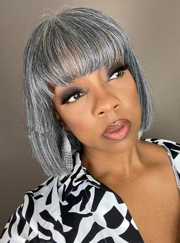 Trendy Human grey a-line bobs with brow-length bangs none lace glueless salt and pepper wigs for fearless women