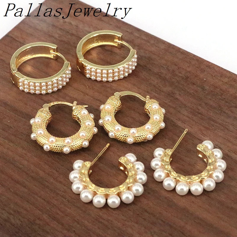 5Pairs Retro 18K Gold Plated Brass Circle Ear Buckle Earrings Jewelry Heart Exquisite Elegant Pearl Inlaid Huggie Hoop Earrings 240227