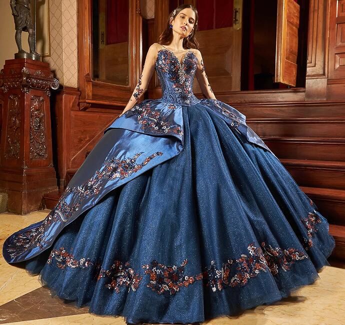Royal Blue Mexican Quinceanera Dresses Ball Gown Long Sleeves Sparkly Appliques Puffy Charro Sweet 16 Dresses 15 Anos