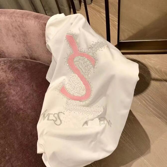 Women's T-Shirt New 2024 summer short-slved heavy industry camellia hot drilling loose version of the long T-shirt cotton fashion Joker H25215