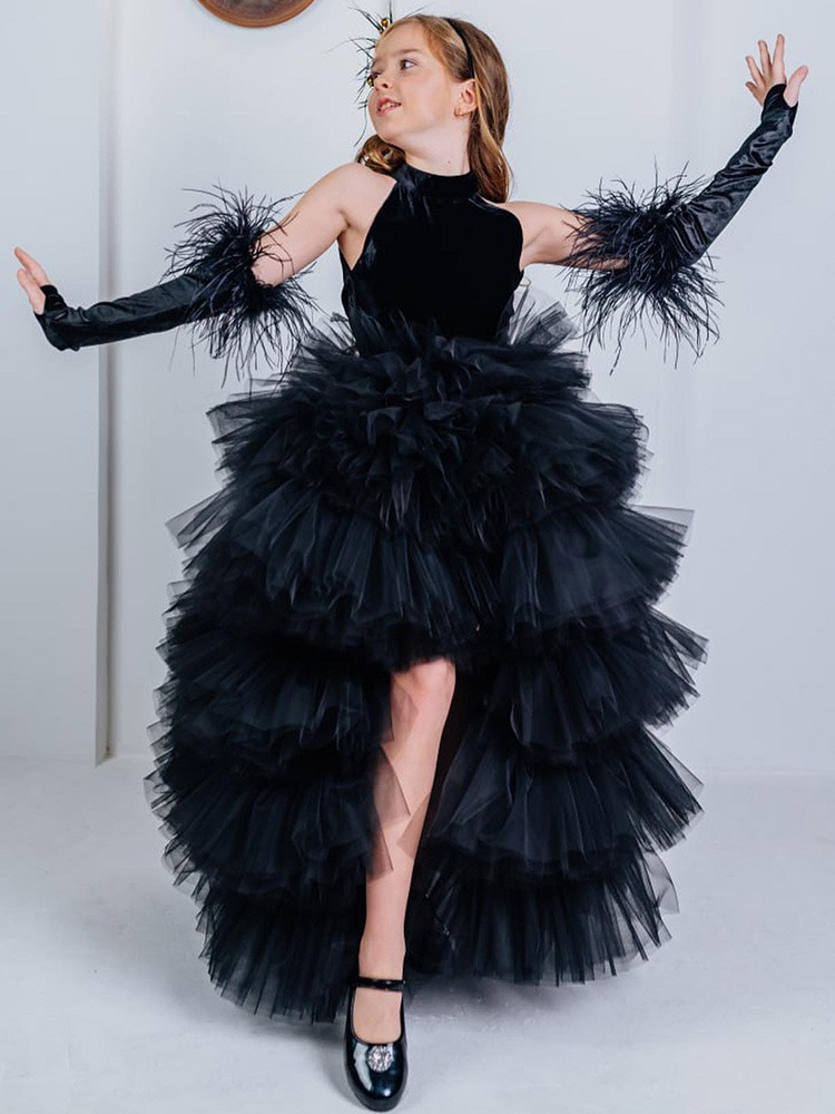 Flower girl dress black feather childrens wedding party dress new childrens clothing princesss first communication dress Tulle Birthday Child Girl Pag