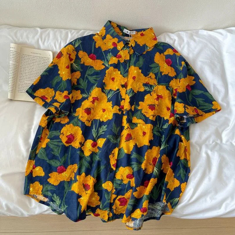 Print Shirts Women Clothing Baggy Vintage Aesthetics Summer Cozy Hawaiian Personal Harajuku Unisex Japanese Teens High Street 240529