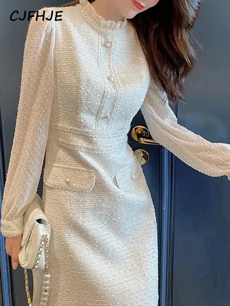 CJFHJE Solid Color Sweet Spring Autumn Korean Elegant Lady Dresses High Street Skinny Ivory Long Sleeve Party Women Tweed Dress 240529