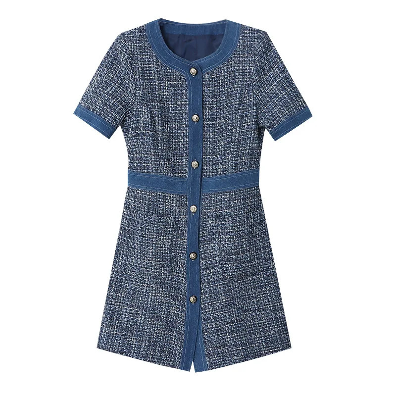 Spring Womens Dresses Celebrity Senior Denim Tweed Dress Round Neck Short-sleeved Single-breasted Waisted Mini Dresses 240529
