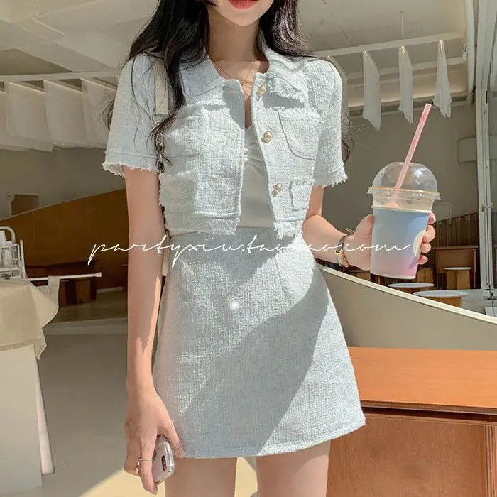 Cropped Tweed Jacket 2 Piece Sets, Women's Summer Tassels Coat Short Sleeve Crop Tops Bodycon Blazers Suits Skirts 2024 B2
