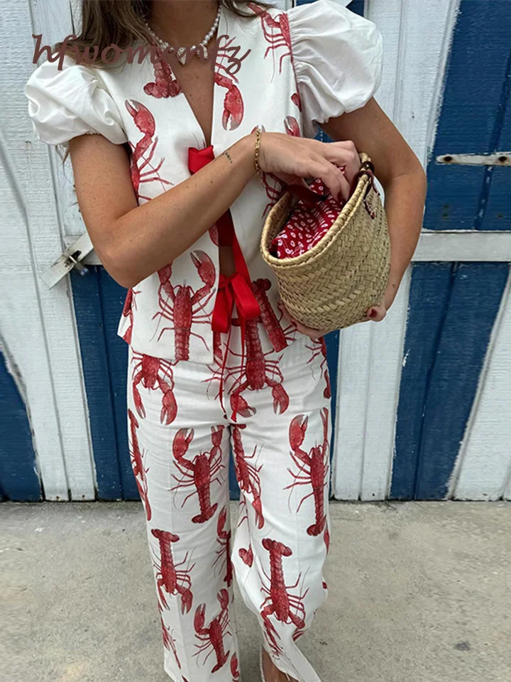 Print Pants 2 Pieces Sets For Women Lobster Short Sleeve Slim Top Shirt Wide Leg Trousers Suit 2024 Summer Lady Matching Set 240529