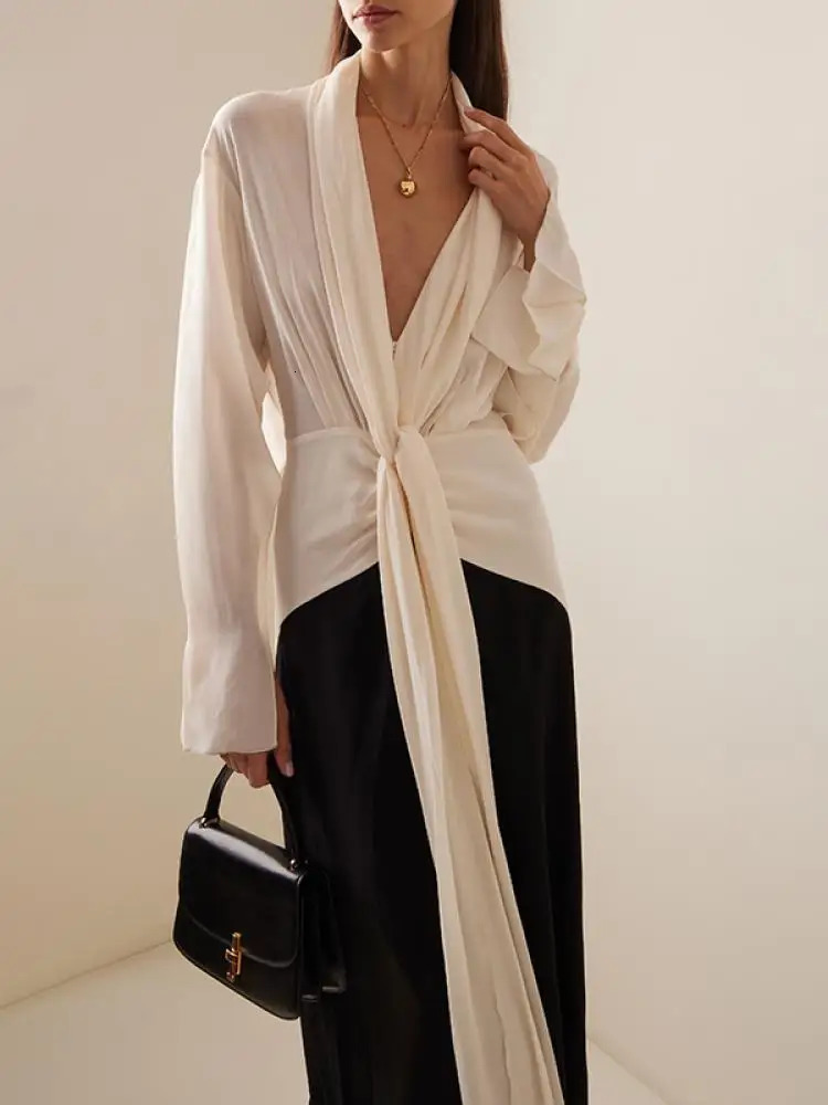 Onecozyday Women Summer Thin Dress Deep V-neck Long Sleeve Loose Fit Party Dresses Contrast Color Wrap Dress for Urban Female 240529