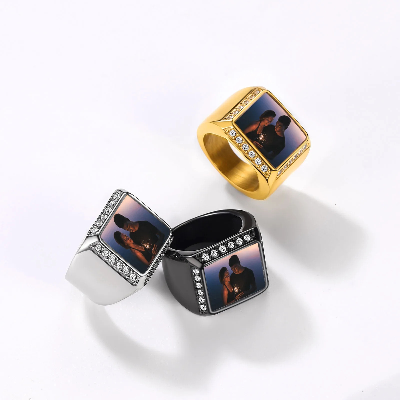 U7 Custom Po Rings for Man and Woman White Zircon 19mm Width Square Round Heart Shape Memorial Picture Stainles Steel Jewelry 240530