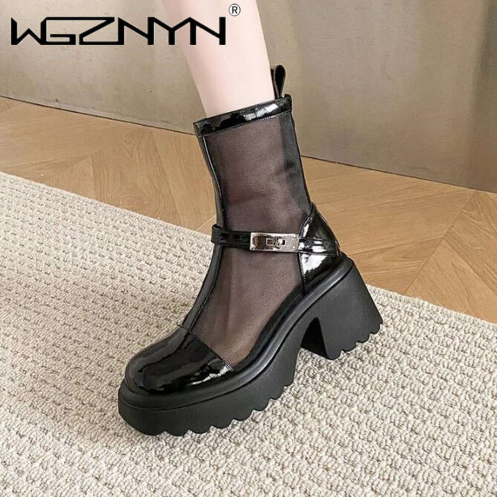 Square Toe Chunky Mesh Women Cool Boots Summer New Designer Platfrom High Heels Sandals Pumps Ladies Shoes Zapatos