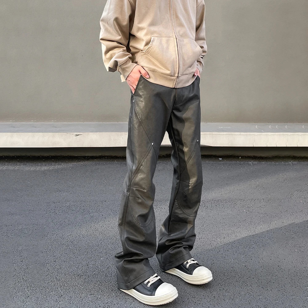 Leather Pants Men Streetwear Casual Fashion Baggy Straight Leg Stacked Street Patchwork Original Y2k Flared Vintage Trousers 240527