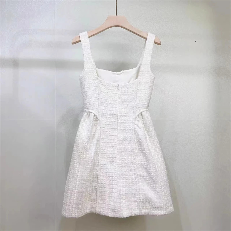 2024 summer womens square neck suspender tweed knitted dress y2k high quality fashion simple button decoration mini skirt 240530