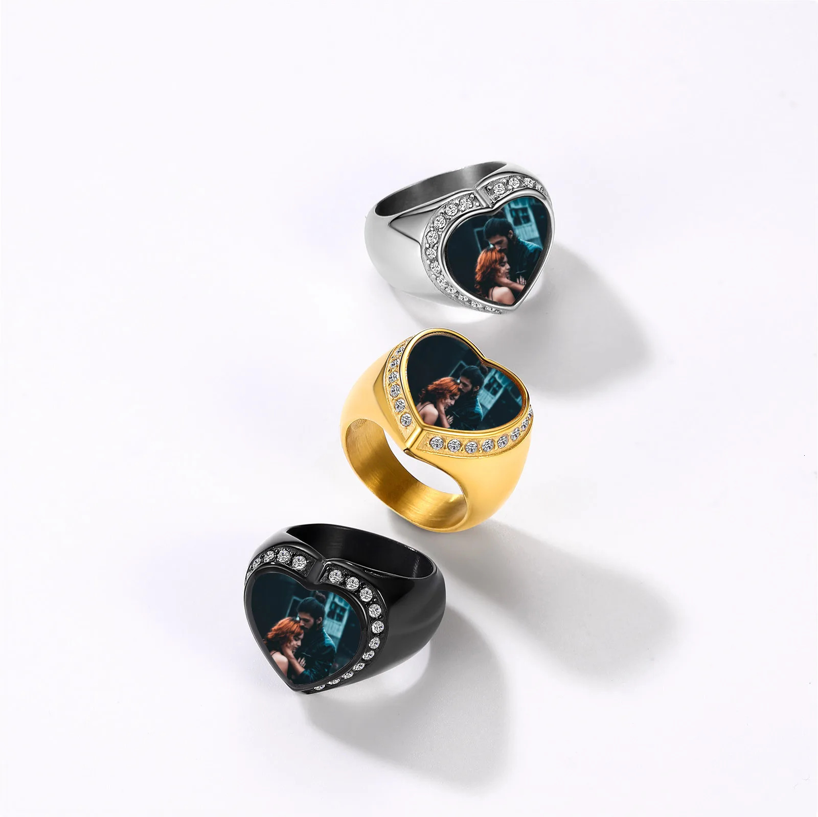 U7 Custom Po Rings for Man and Woman White Zircon 19mm Width Square Round Heart Shape Memorial Picture Stainles Steel Jewelry 240530