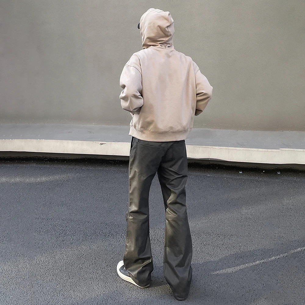 Leather Pants Men Streetwear Casual Fashion Baggy Straight Leg Stacked Street Patchwork Original Y2k Flared Vintage Trousers 240527