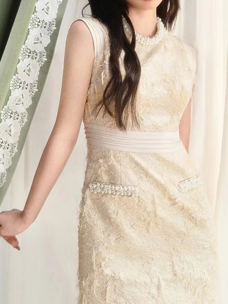 UCXQ Korean Style Coarse Tweed Pearl Vest Dress Elegant Apricot Sleeveless Waist Up Dresses Women Spring Summer 23A8131 240529