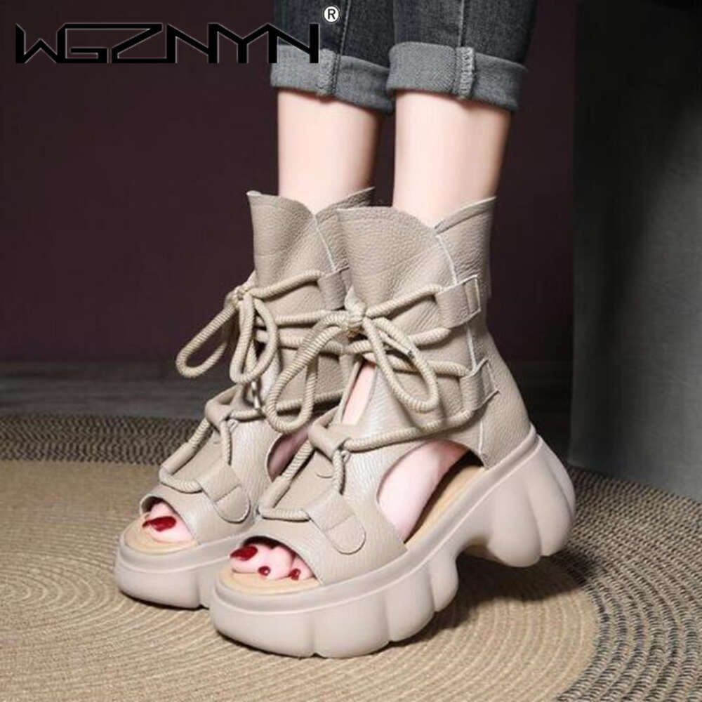 Designer Genuine Leather Boots Chimney Sandals Hollow Ankle Booties Women Peep Toe Moccasins Fashion 2024 Summer Motorcycle Shoe