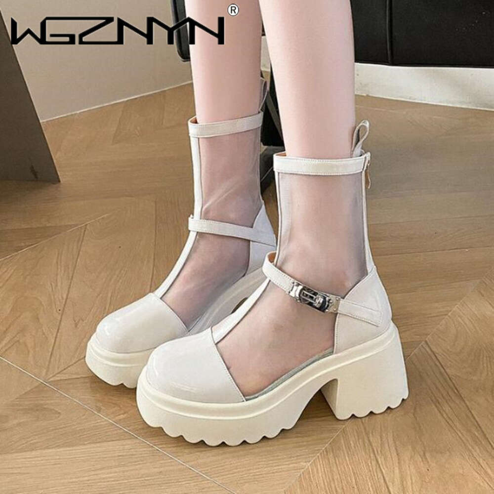 Square Toe Chunky Mesh Women Cool Boots Summer New Designer Platfrom High Heels Sandals Pumps Ladies Shoes Zapatos