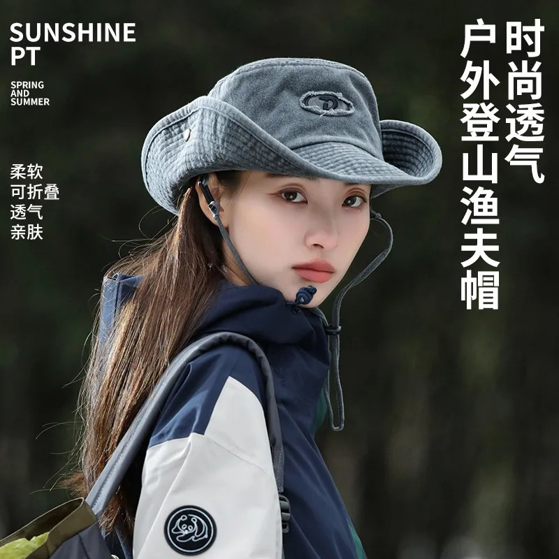 Retro Women Bucket Hat Letter Embroidery Cotton Wash Western Cowgirl Hat Breathable Foldable Outdoor Hiking Large Brim Sun Hat 240601