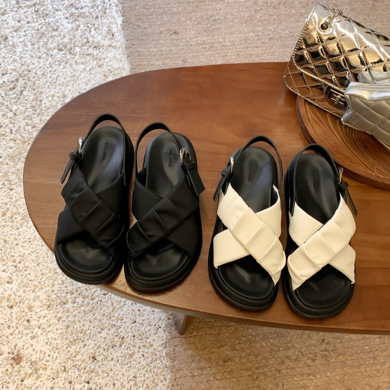 and Lightweight Summer 2024 New Comfortable Soft Leather Pleated Beach Shoes with Crossed Thick Sole Roman Sandals for Women's Outwear Lhshoe Sal