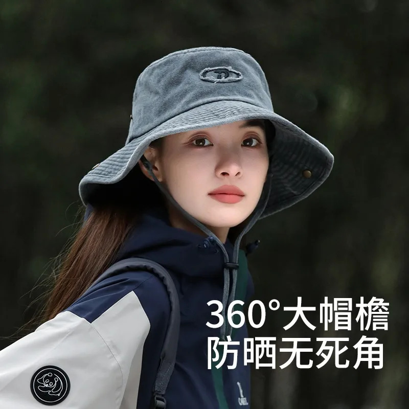 Retro Women Bucket Hat Letter Embroidery Cotton Wash Western Cowgirl Hat Breathable Foldable Outdoor Hiking Large Brim Sun Hat 240601