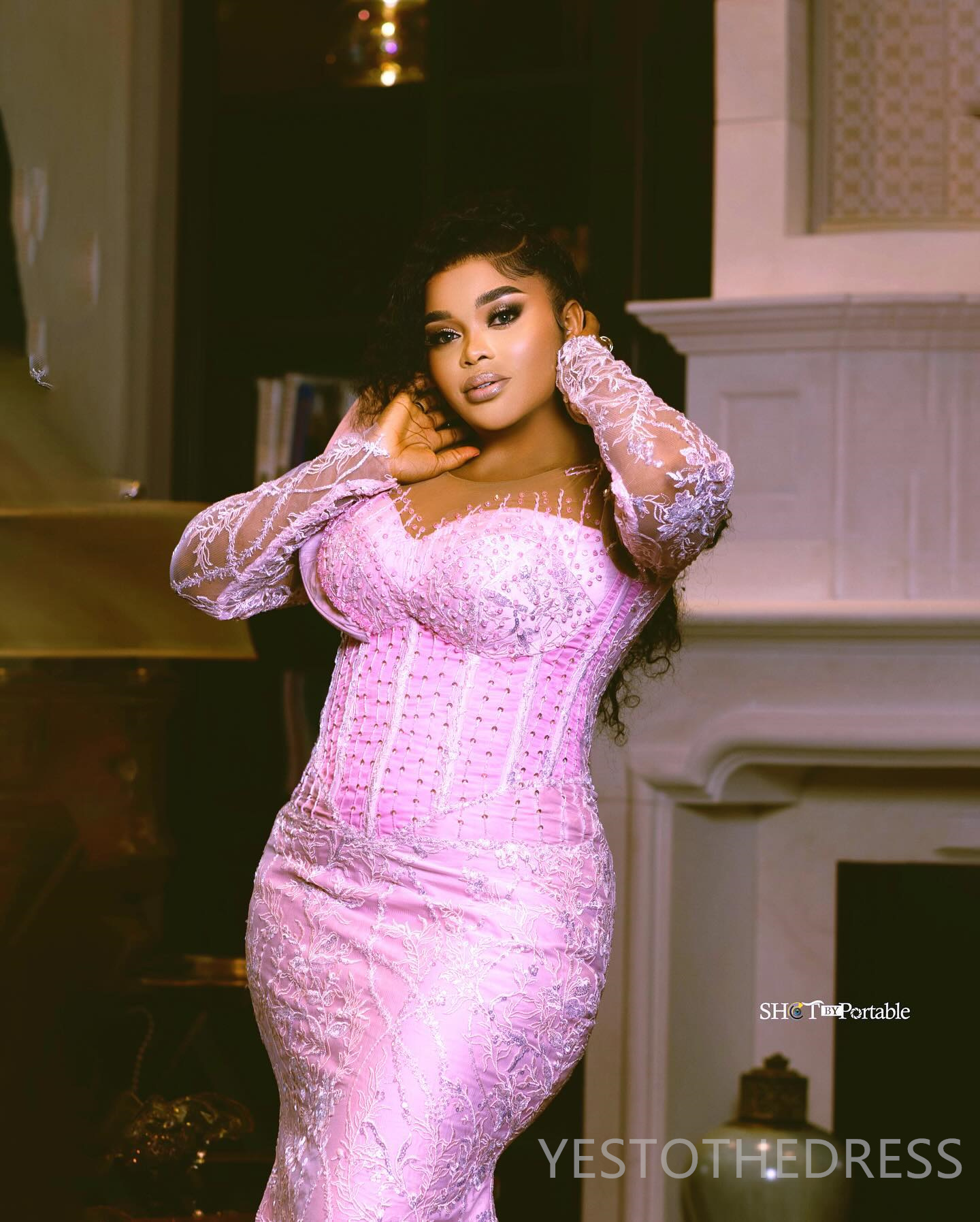 2024 Pink Plus Size Aso Ebi Prom Dresses for Special Occasions Long Promdress Sheer Neck Long Sleeves Beaded Lace Birthday Dresses Second Reception Go