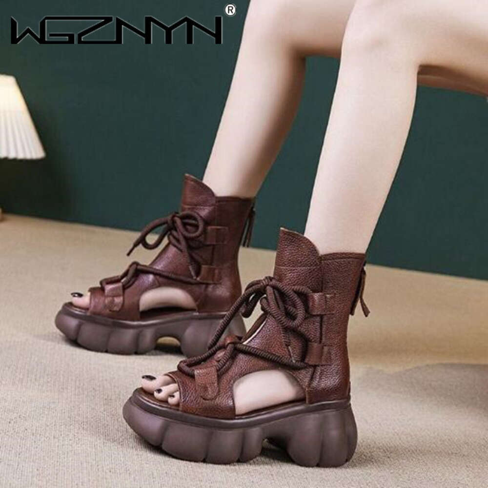 Designer Genuine Leather Boots Chimney Sandals Hollow Ankle Booties Women Peep Toe Moccasins Fashion 2024 Summer Motorcycle Shoe