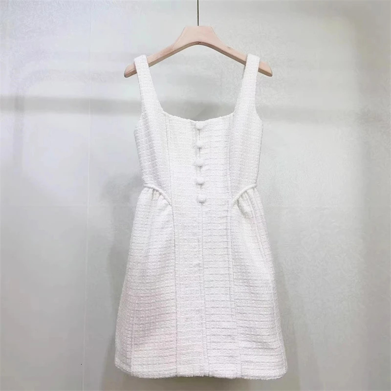 2024 summer womens square neck suspender tweed knitted dress y2k high quality fashion simple button decoration mini skirt 240530