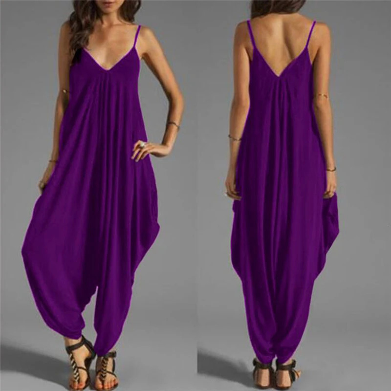 Women Casual Sleeveless Jumpsuits Summer Deep VNeck Onepiece Solid Long Rompers Plus Size Loose Pants Playsuits 240527
