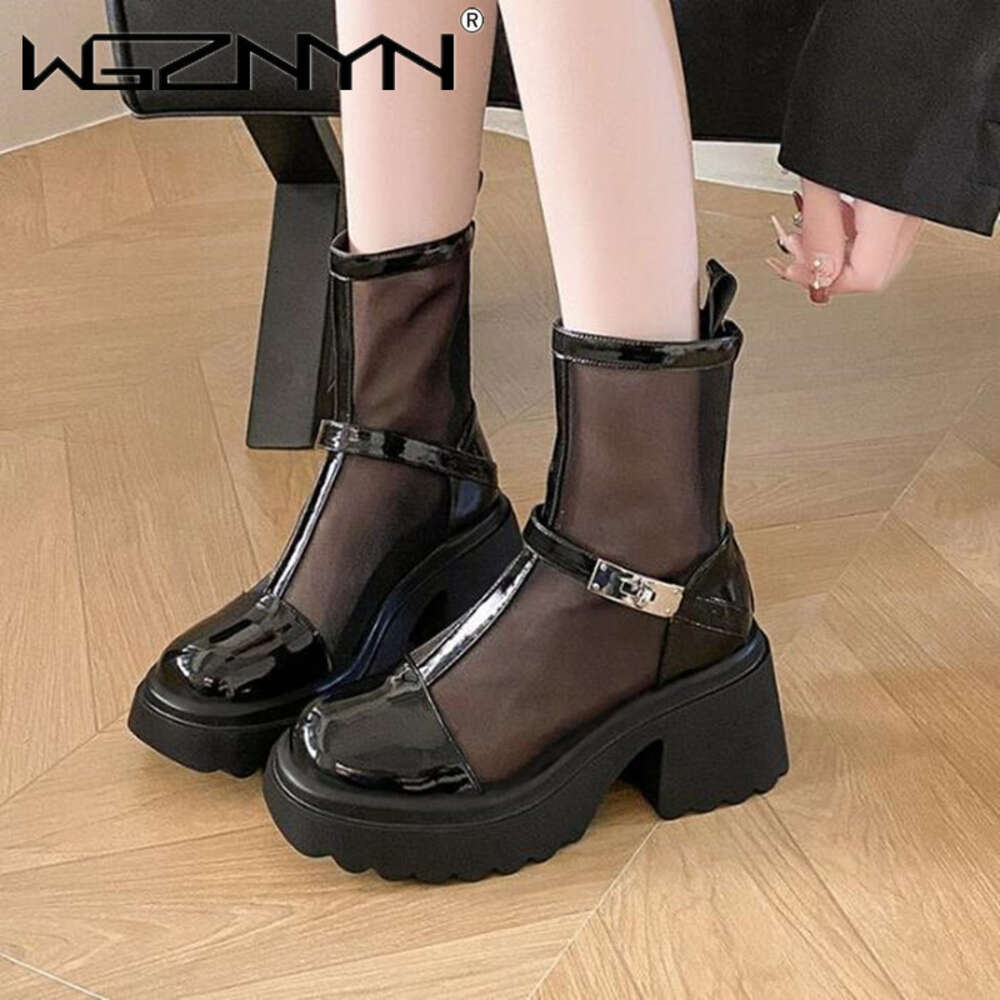 Square Toe Chunky Mesh Women Cool Boots Summer New Designer Platfrom High Heels Sandals Pumps Ladies Shoes Zapatos