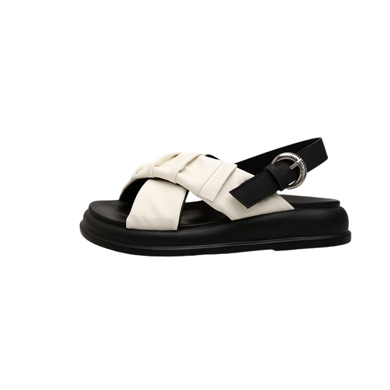 and Lightweight Summer 2024 New Comfortable Soft Leather Pleated Beach Shoes with Crossed Thick Sole Roman Sandals for Women's Outwear Lhshoe Sal