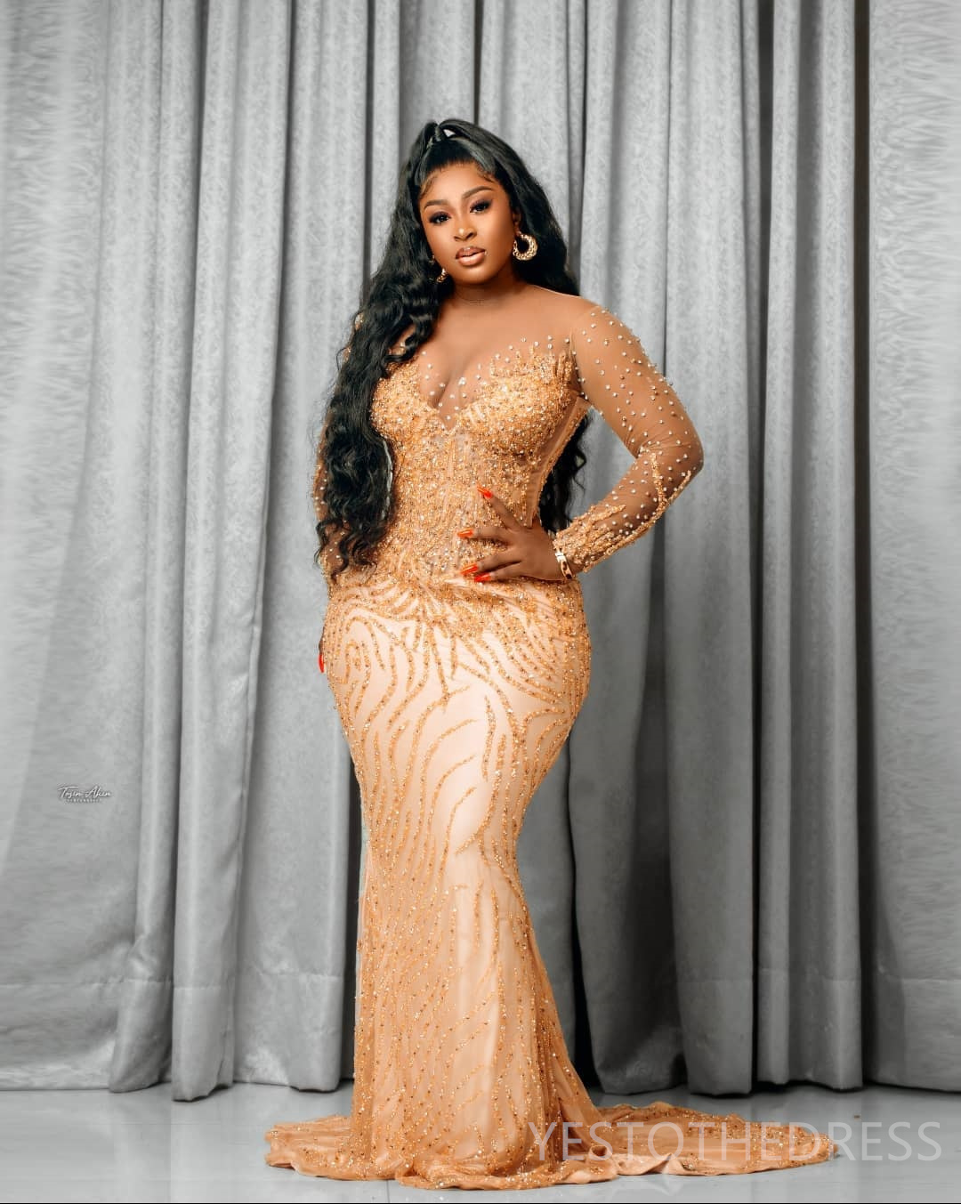 2024 Gold Plus Size Prom Dresses for Special Occasions Promdress Long Sleeves Mermaid Beaded Crystals Rhinestone Decorated Lace Gala Second Reception 