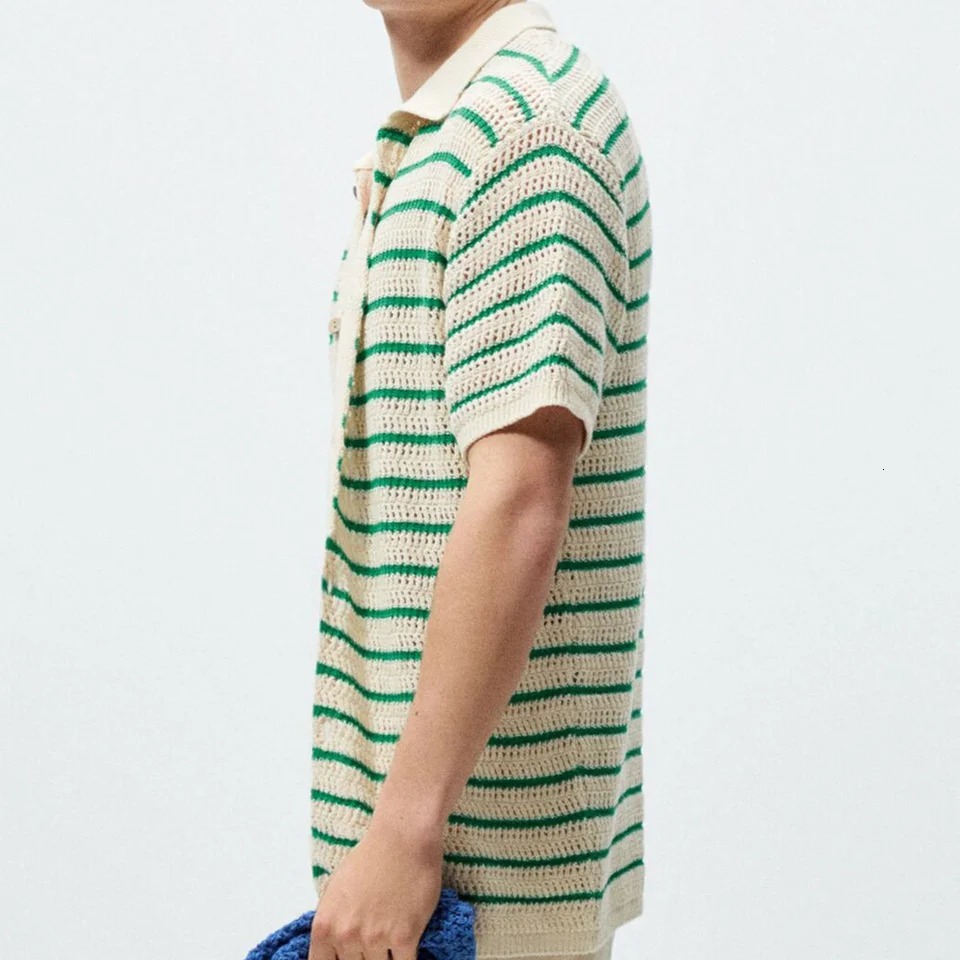 Mens Crochet Knit Polo Shirt Summer Knitted Sweater Striped Woolen Casual POLO Shirt Lapel Button Tshirt 240601