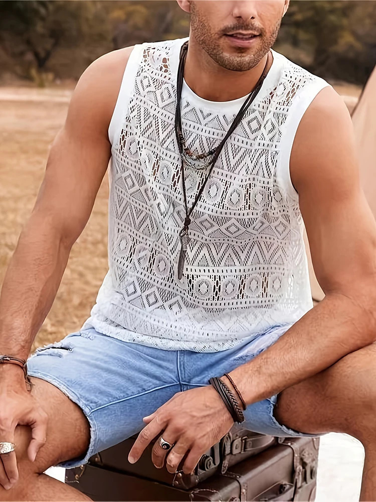 Summer Sexy See Through Tank Tops For Men Casual Breathable O Neck Sleeveless Camisole Fashion Hollow Out Crochet Mens Vest 240530