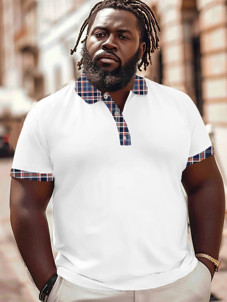 ZOOY L9XL Mens Plus Size Chest 202cm Summer Solid Plaid Polo Collar Gradient Short sleeved Shirt Tshirt 240523