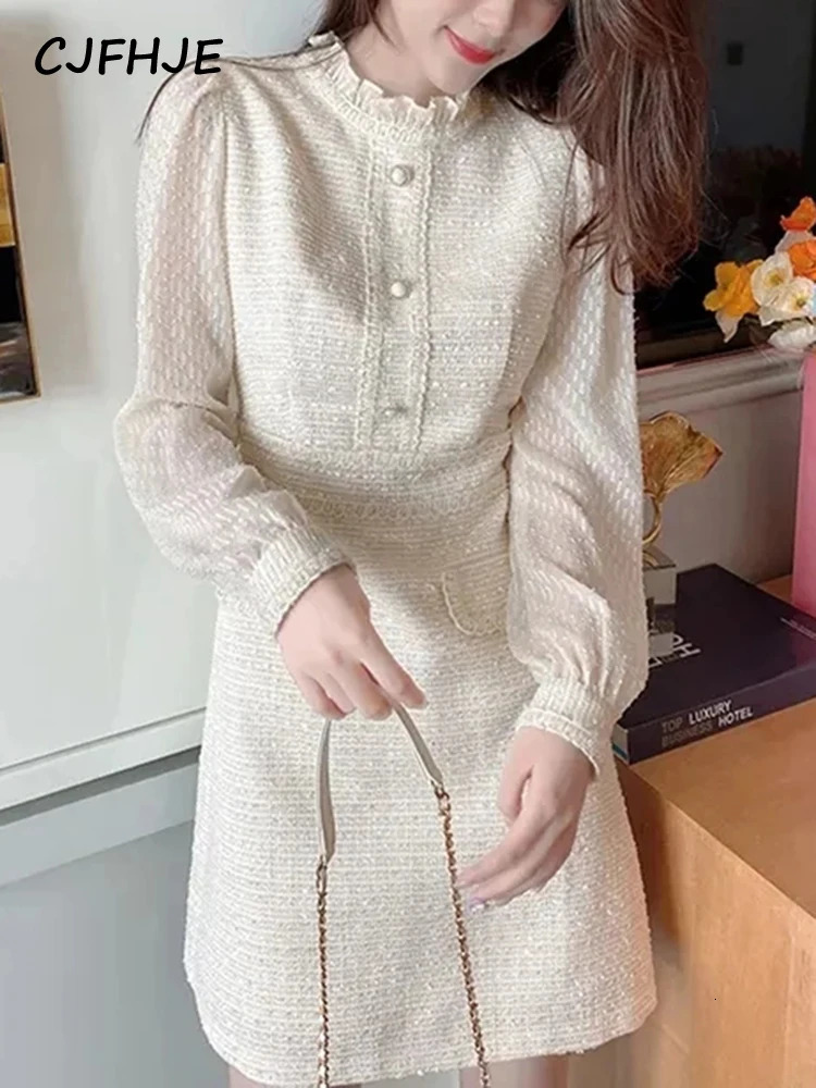 CJFHJE Solid Color Sweet Spring Autumn Korean Elegant Lady Dresses High Street Skinny Ivory Long Sleeve Party Women Tweed Dress 240529
