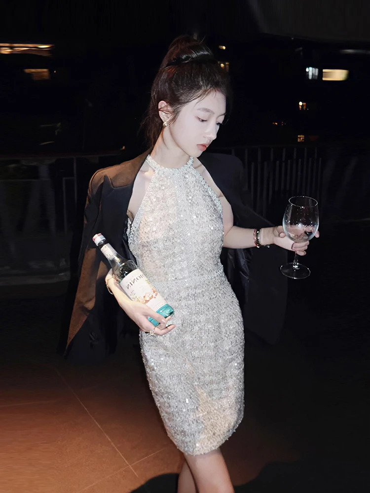 Small Fragrant Ladies Sleeveless Tweed Sexy Night Club Dress Womens Summer Halter Pearl Beading Mini Elegant Party Dresses 240529