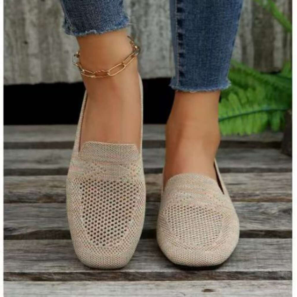 Mesh Knitted Striped Flats for Women Autumn New Light Slip on Flat Casual Shoes Ladies Square Toe Breathable Sneakers