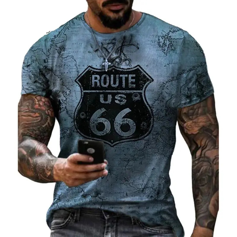Summer Men Retro Classic Fashion American Route 66 Pattern TShirt Hd 3d Printing O Collar Short Loose Breathable Plus Size Top 240518