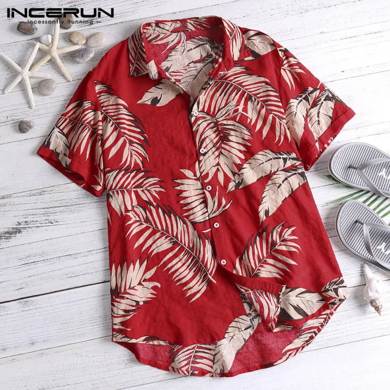 Summer Hawaiian Red Shirts Tropical Shirts Floral Men Tops Casual Shirt Short Sleeve Cotton Button Chemise Loose Vacation Beach 240529