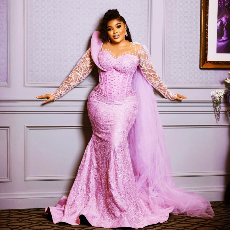 2024 Pink Plus Size Aso Ebi Prom Dresses for Special Occasions Long Promdress Sheer Neck Long Sleeves Beaded Lace Birthday Dresses Second Reception Go