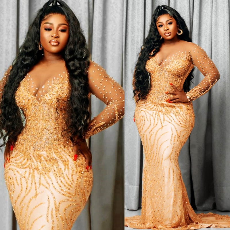 2024 Gold Plus Size Prom Dresses for Special Occasions Promdress Long Sleeves Mermaid Beaded Crystals Rhinestone Decorated Lace Gala Second Reception 